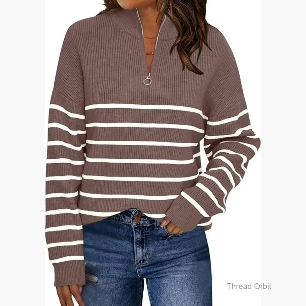 Oversized Quarter Zip Mock Turtleneck Sweater Striped Pullover Fall Winter
